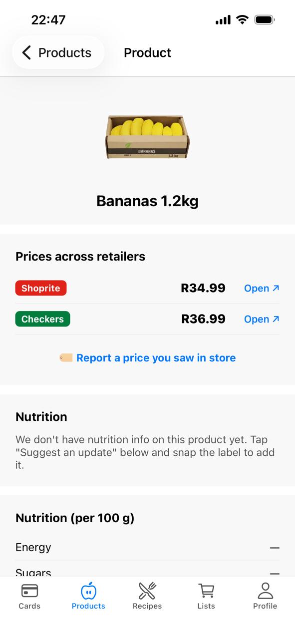 Loyalty Hub app showing a scanned box of bananas with prices at Shoprite and Checkers